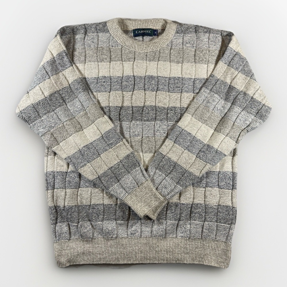 Carmel Mens Medium Sweater Made in USA Textured Check Knit Beige Gray Vintage